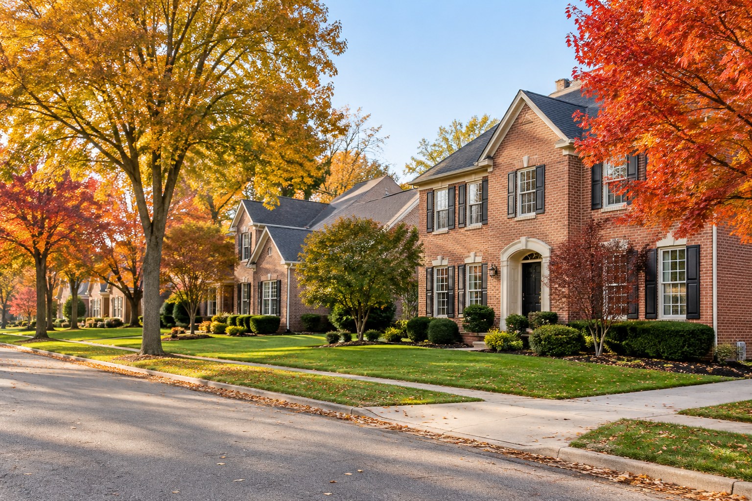 A quiet suburban street with brick homes, illustrative