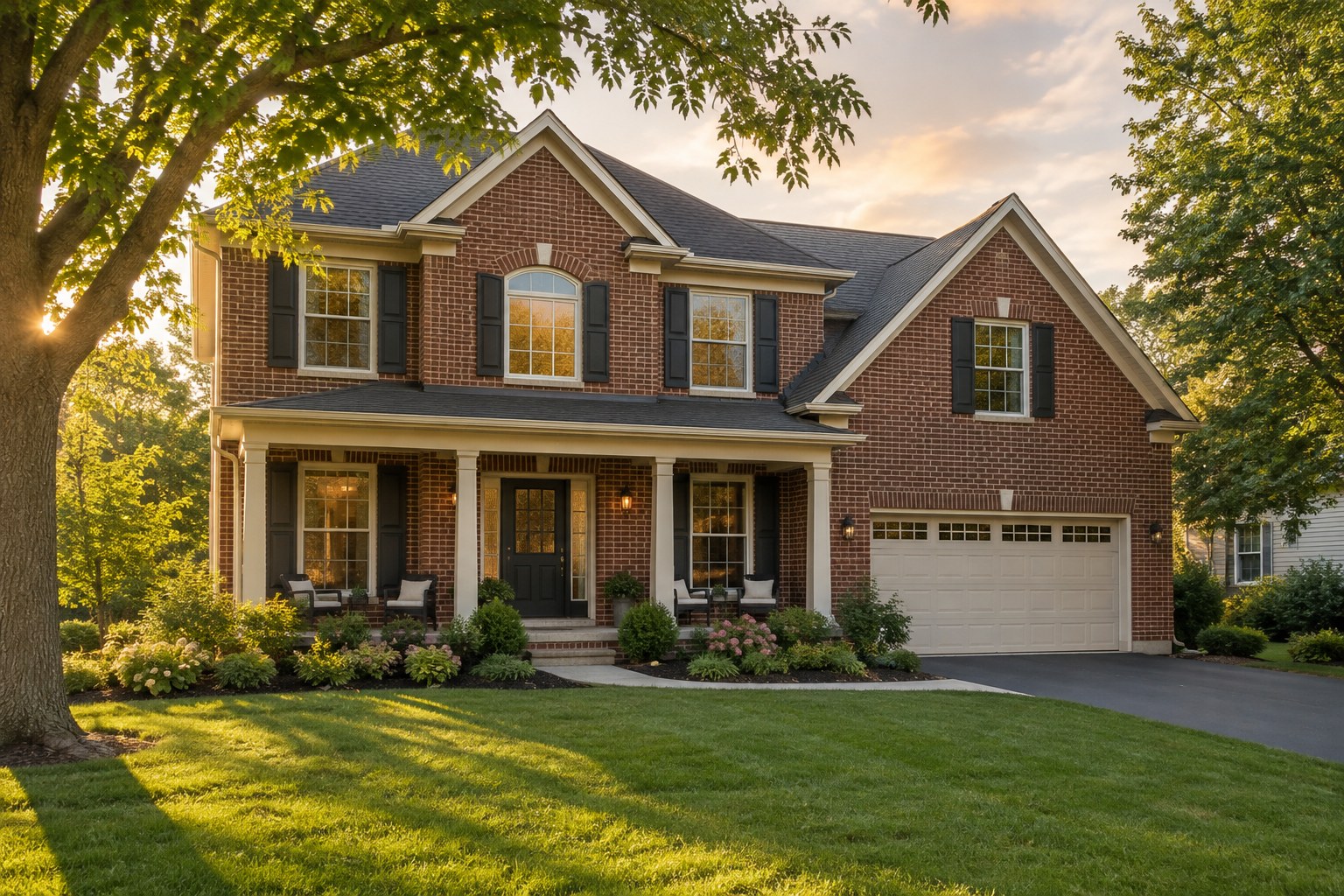 A brick traditional suburban home with mature trees in soft evening light, illustrative