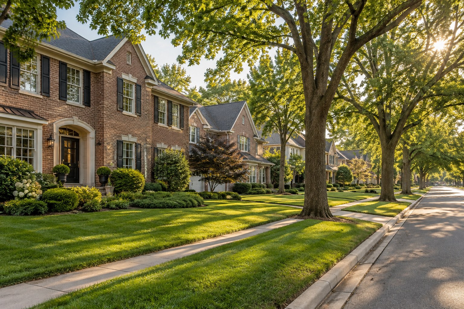 A suburban street with homes, illustrative