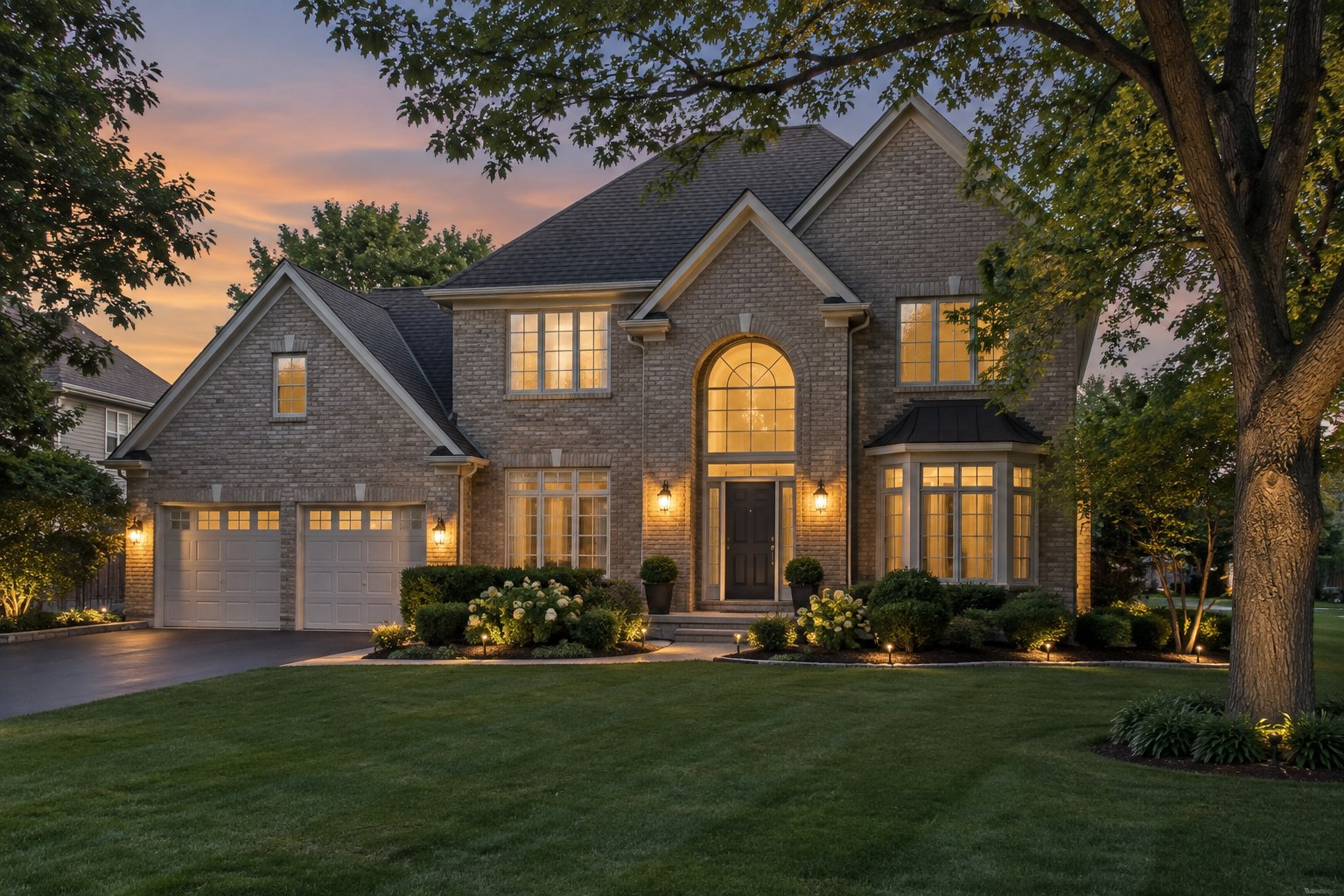 A suburban home at dusk, illustrative