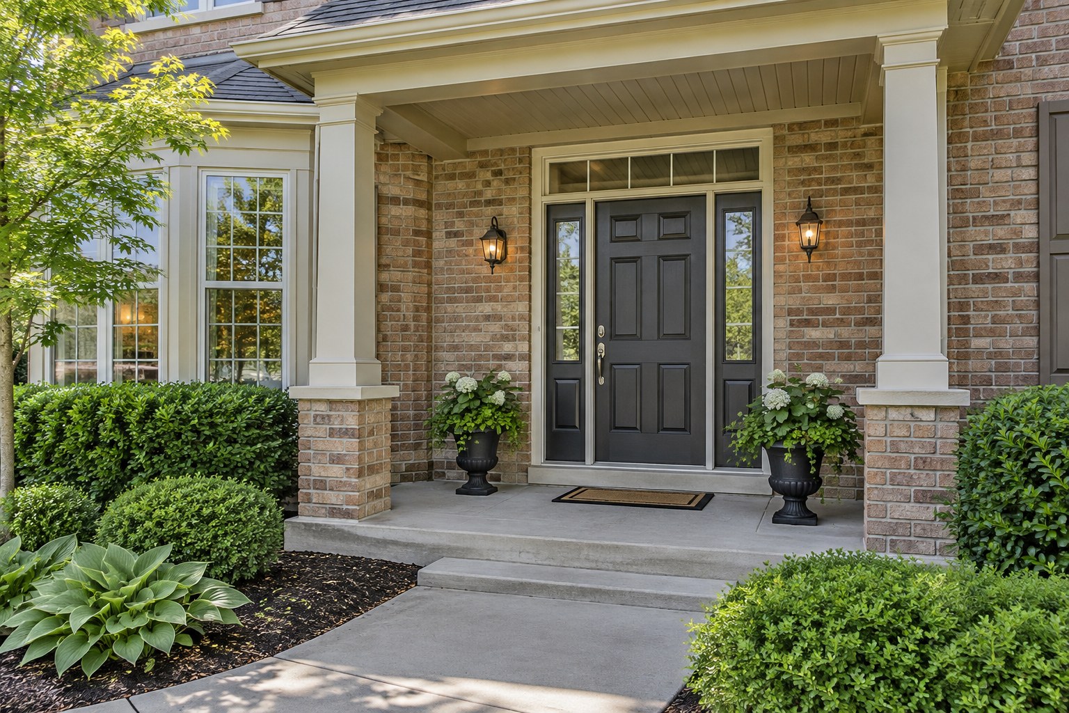 A covered front entry of a suburban home, illustrative